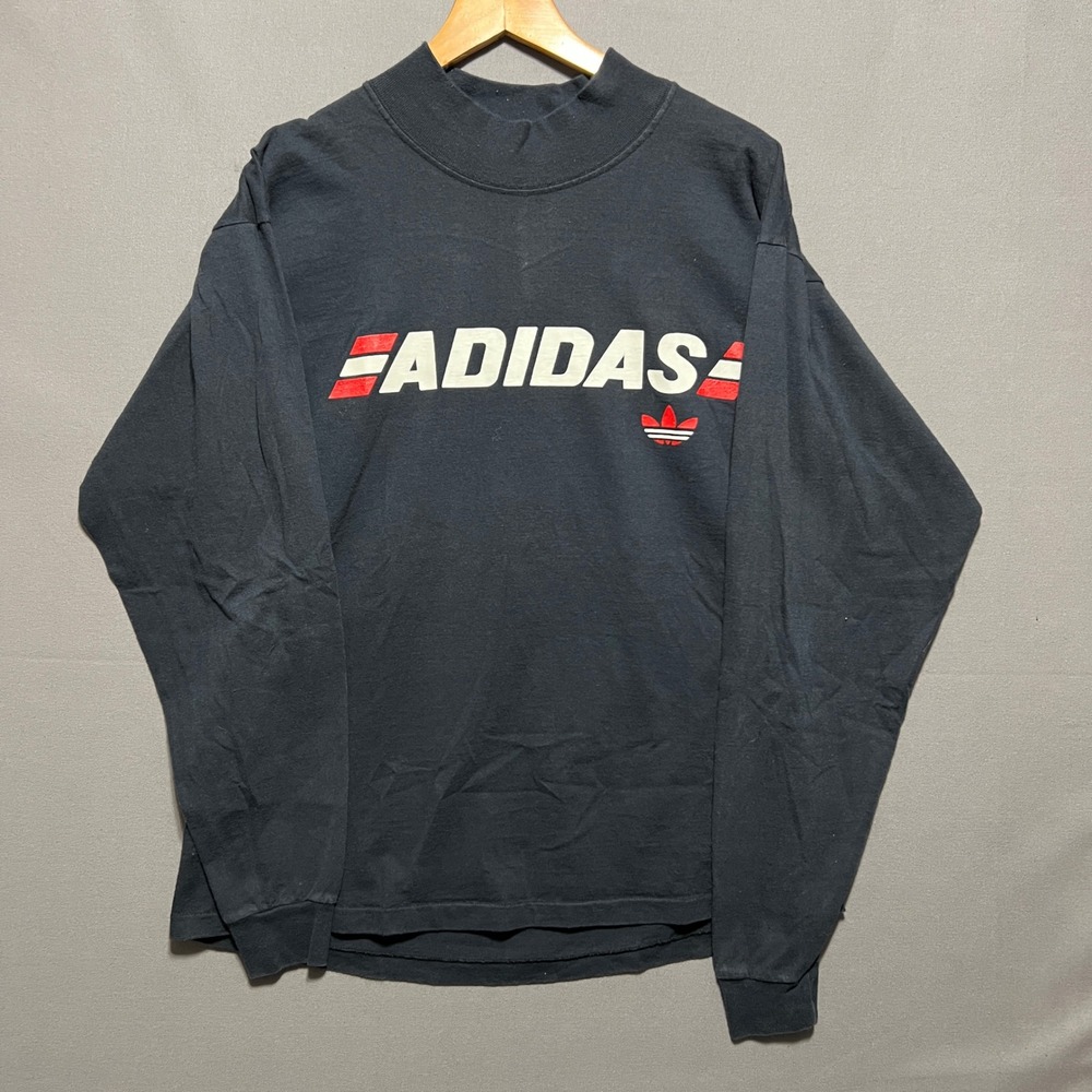 Vintage 80s Adidas Mock Neck Long Sleeve Shirt Navy Blue Made in USA Trefoil M